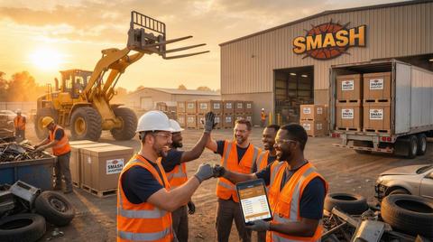 SMASH Recycling | Team Celebrating at Scrap Metal Yard with Heavy Equipment